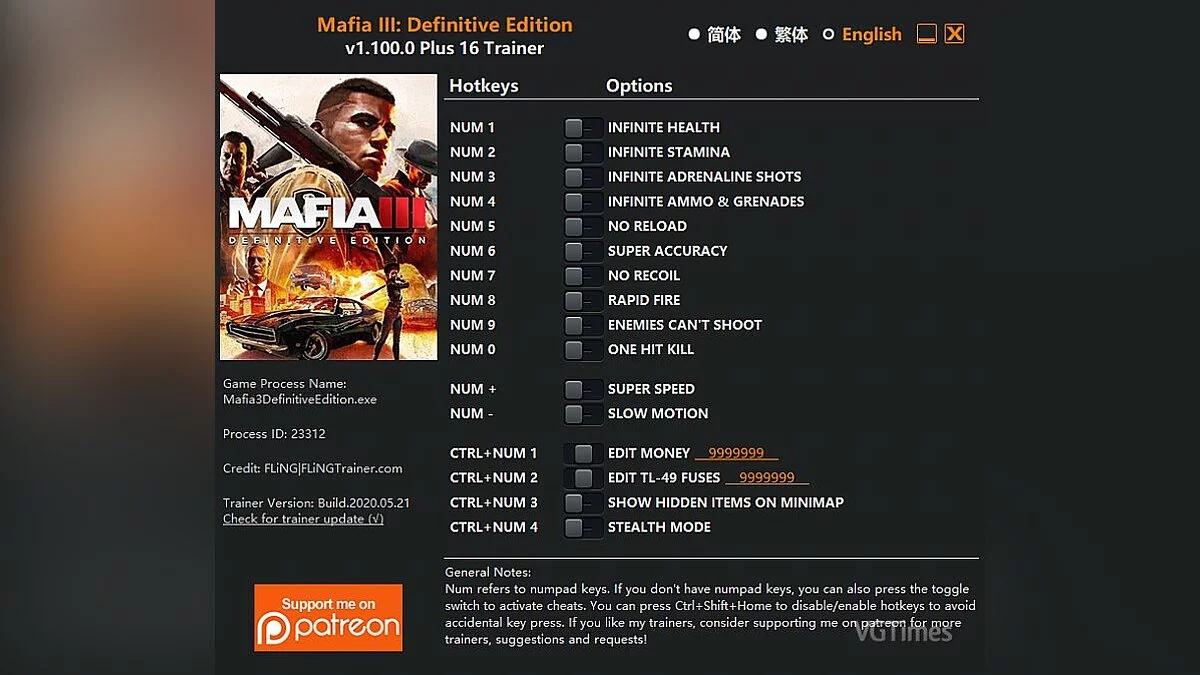 Mafia 3: Definitive Edition — Entrenador (+16) [1.100.0]