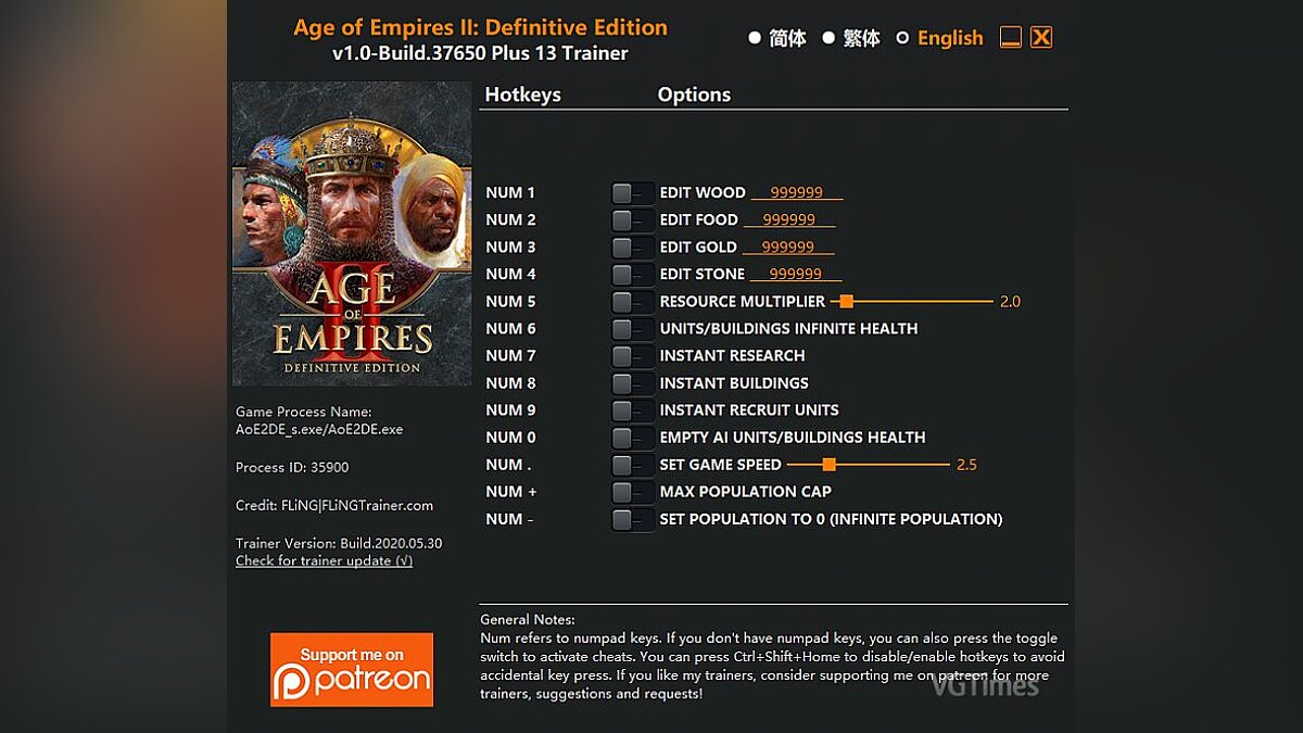 Age Of Empires 2: Definitive Edition — Trainer (+13) [1.0 - Build.37650]