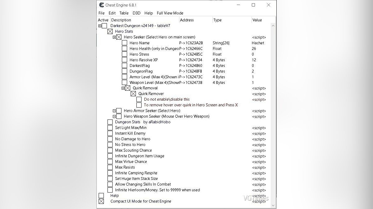 Darkest Dungeon — Table for Cheat Engine [Build 25546]