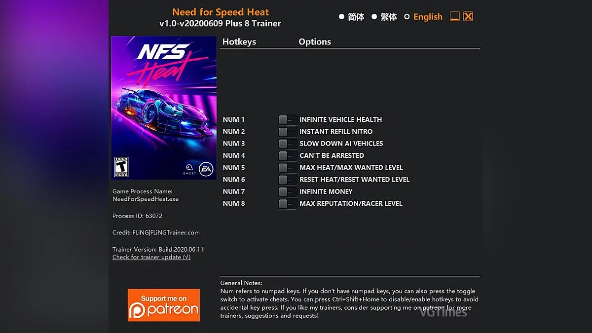 Need for Speed Heat — Entrenador (+8) [1.0 - ACTUALIZADO: 09/06/2020]