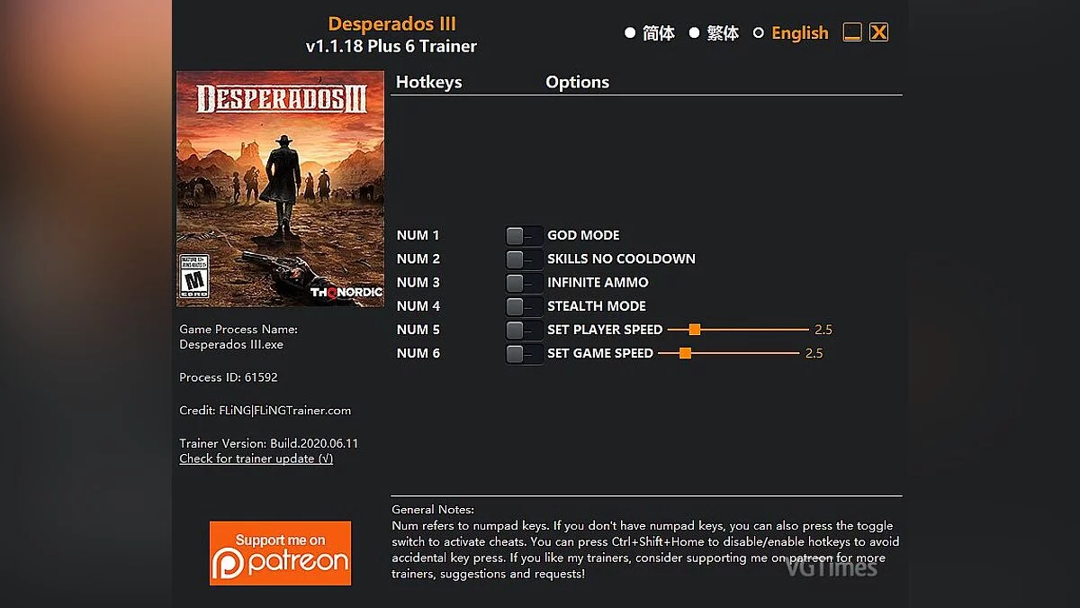 Desperados 3 — Trainer (+6) [v1.1.18]