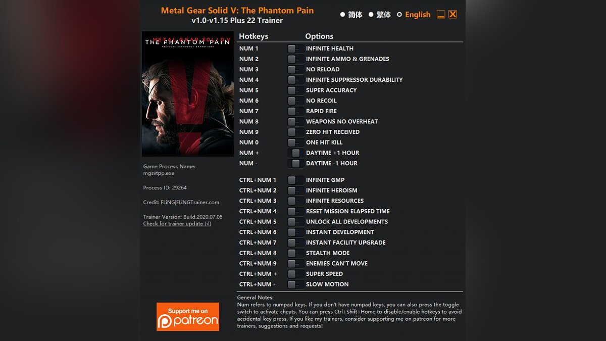 Metal Gear Solid 5: The Phantom Pain — Trainer (+22) [1.0.1.0 - 1.15]