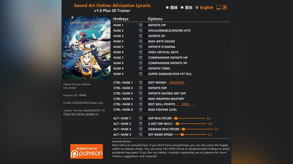 Sword Art Online: Alicization Lycoris — Trainer (+20) [1.0]