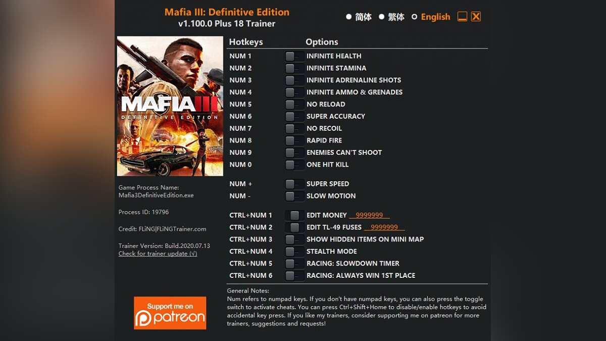 Mafia 3: Definitive Edition — Trainer (+18) [1.100.0]