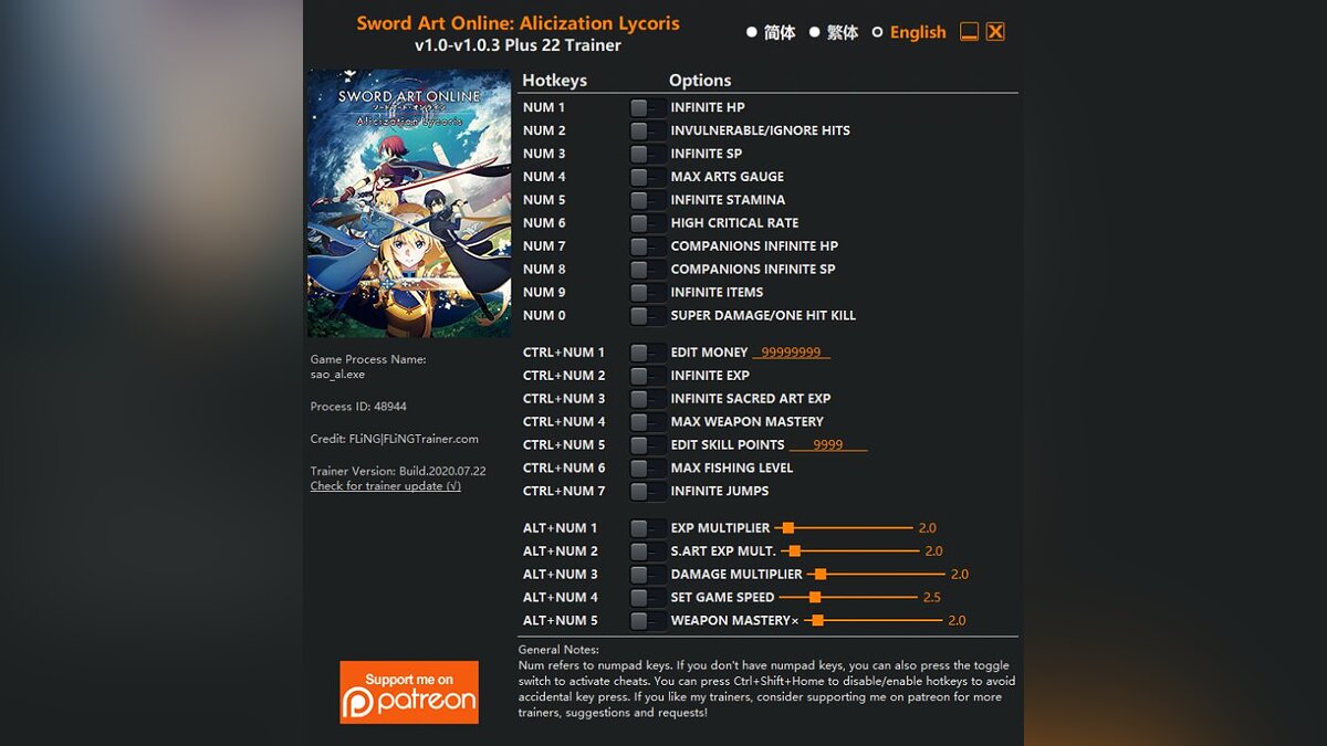 Sword Art Online: Alicization Lycoris — Trainer (+22) [1.0 - 1.0.3]