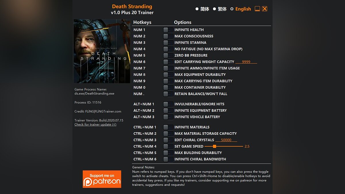 Death Stranding — Trainer (+20) [v1.0]