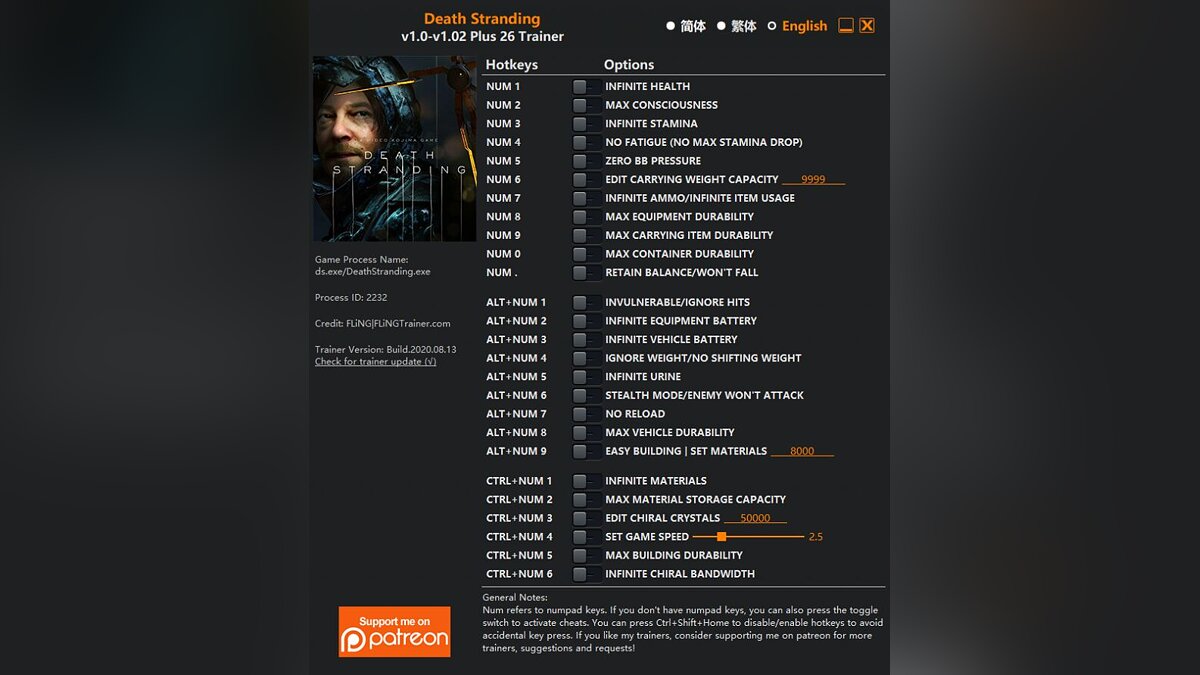 Death Stranding — Trainer (+15/+20/+23/+26) [1.0 - 1.02] - improved version