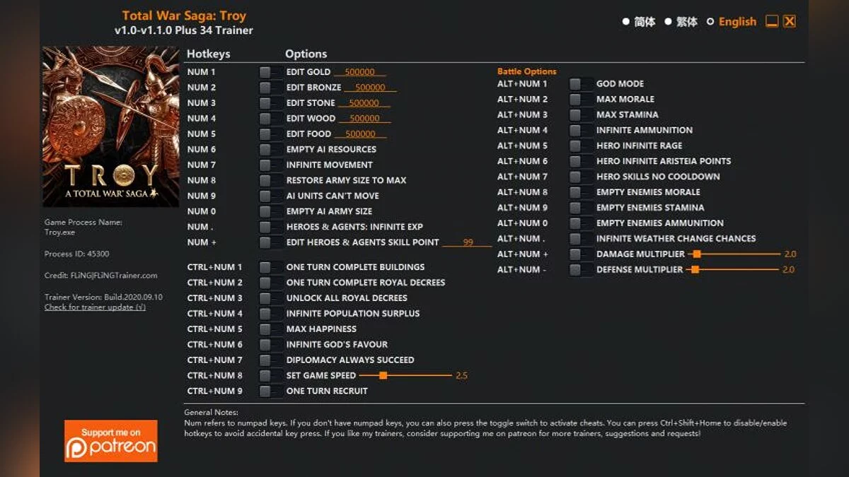 Total War Saga: Troy — Entraîneur (+20/+32/+34) [1.0 - 1.1.0]