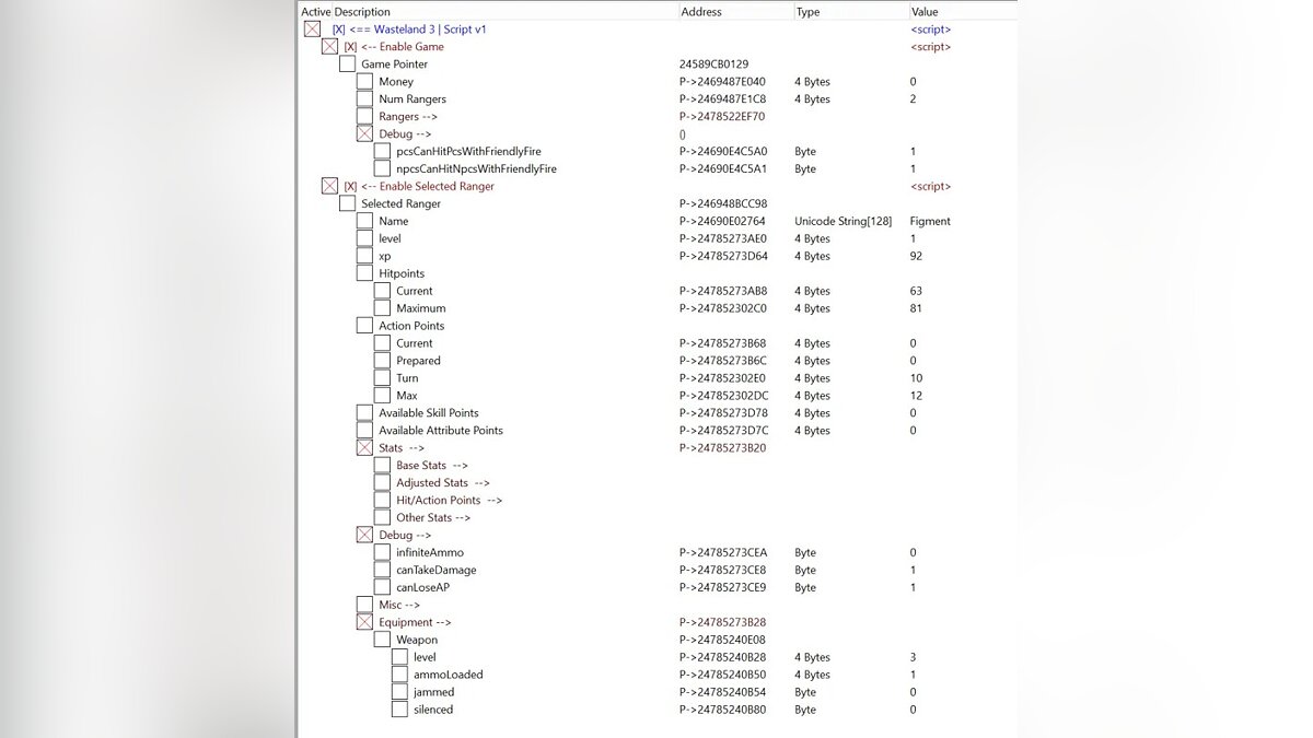 Wasteland 3 — Table for Cheat Engine [UPD: 10.10.2020]