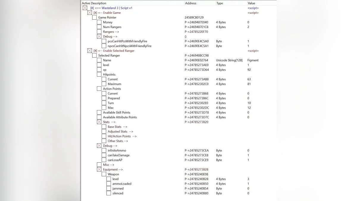 Wasteland 3 — Tabla para Cheat Engine [UPD: 10.10.2020]