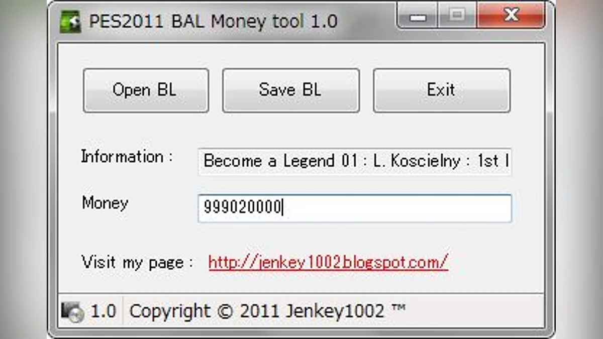 PES 2011: Pro Evolution Soccer — Money Editor in the "Become a Legend" mode / BAL Money Tool [1.0]