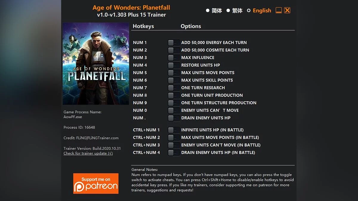 Age of Wonders: Planetfall — Entraîneur (+15) [1,0 - 1,303]