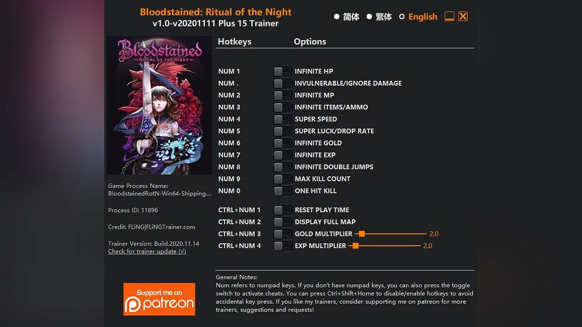 Bloodstained: Ritual of the Night — Entrenador (+15) [1.0 - ACTUALIZADO: 15/11/2020]