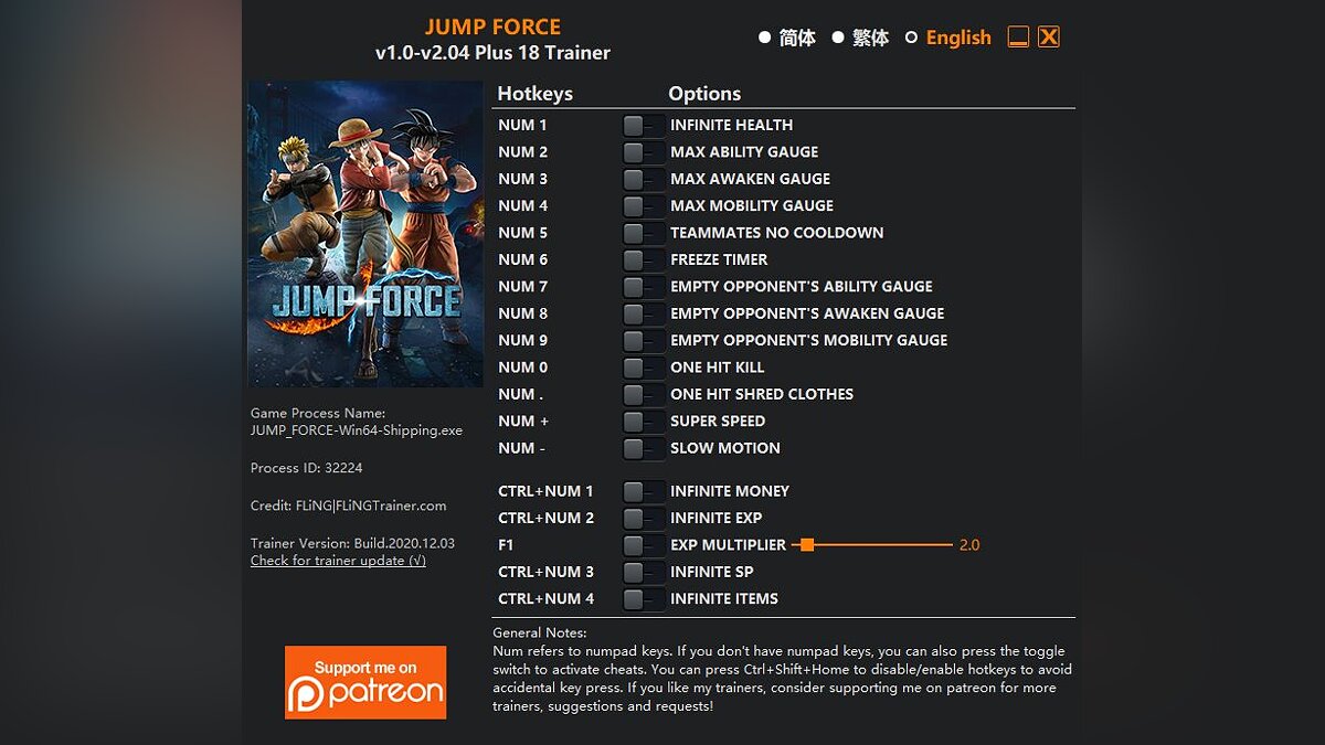 Jump Force — Trainer (+18) [1.0 - 2.04]