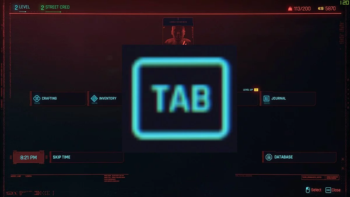 Cyberpunk 2077 — Tab key to open menu