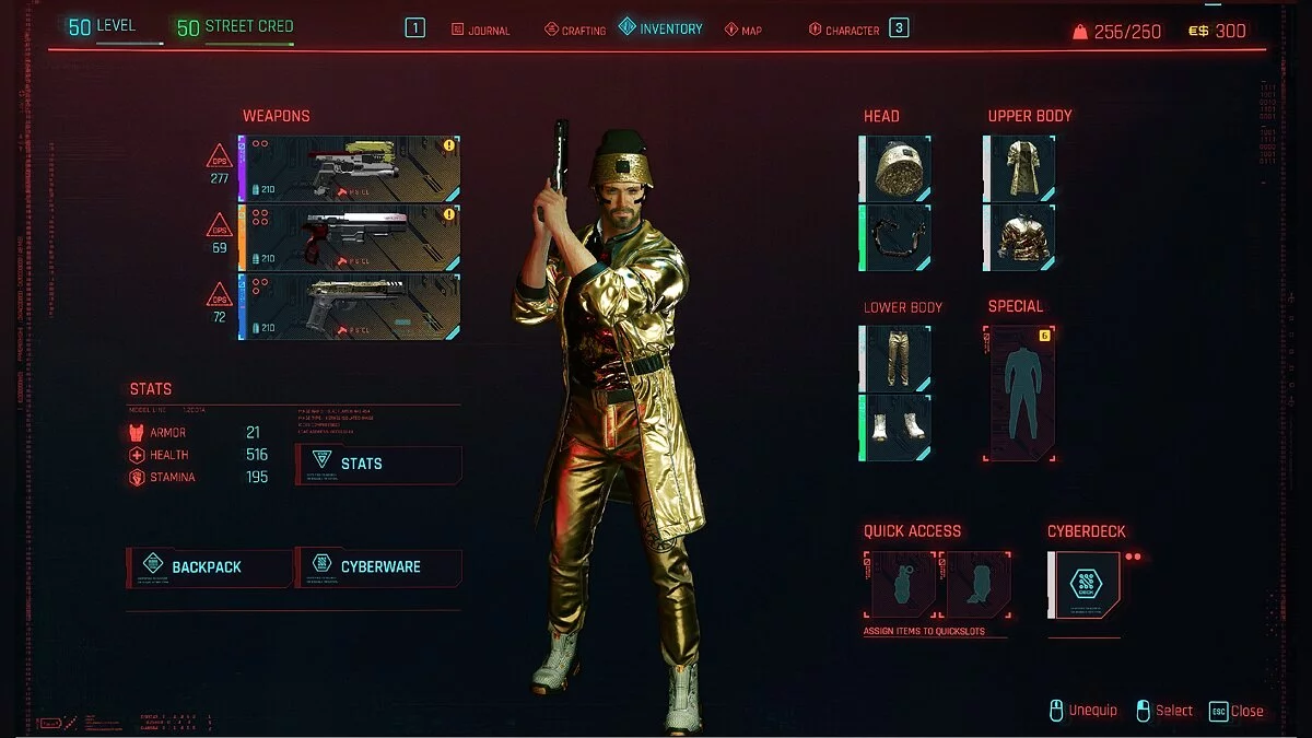 Cyberpunk 2077 — Вся золотая одежда и оружие