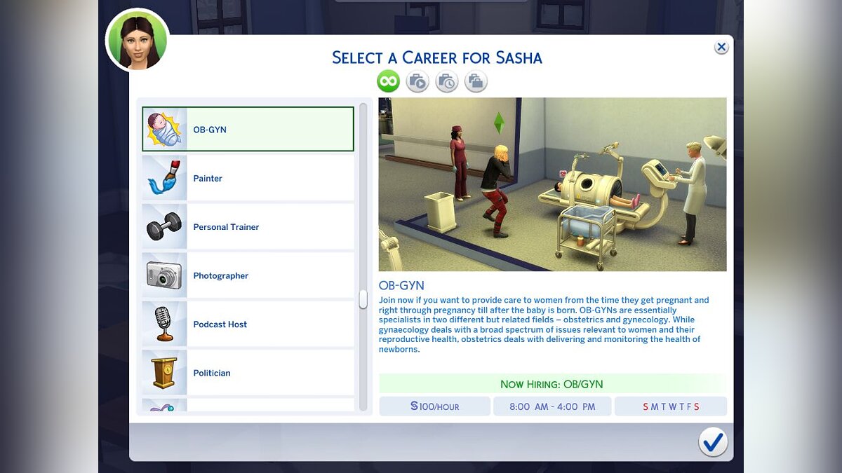 The Sims 4 — Career of an obstetrician-gynecologist