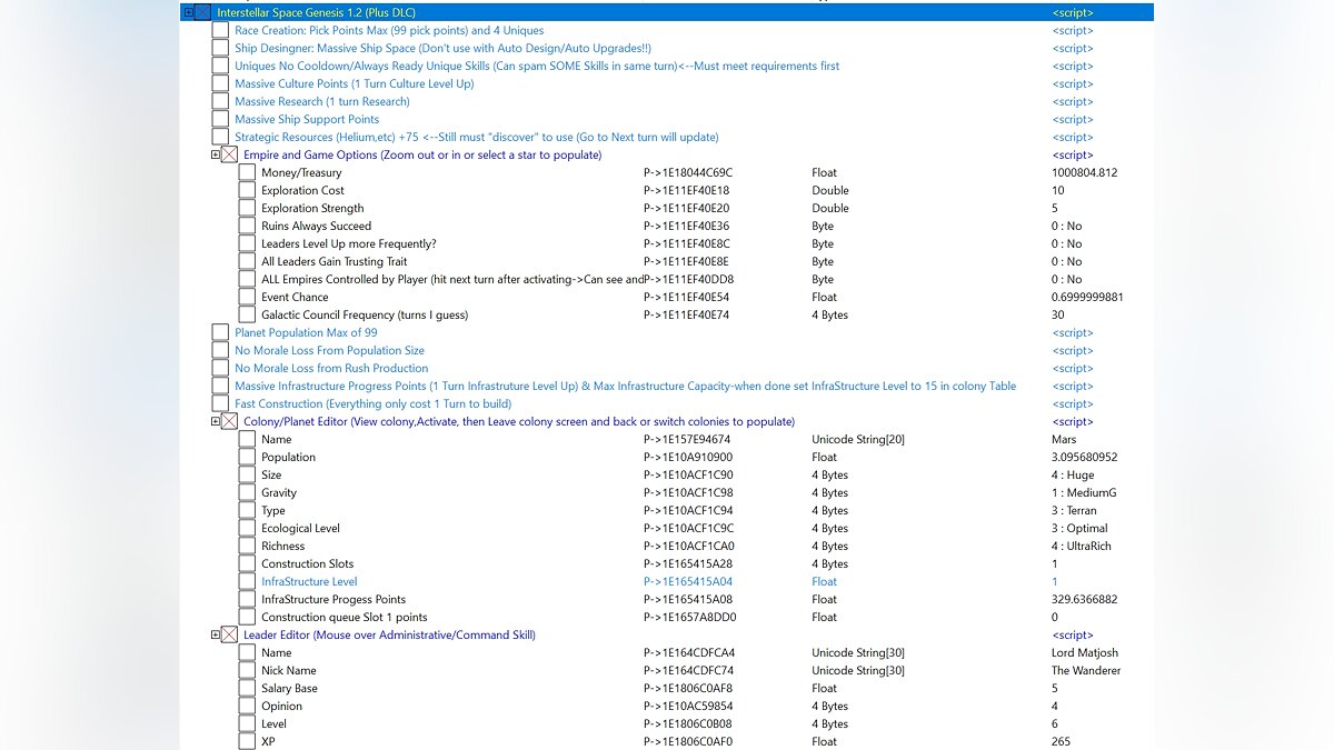 Interstellar Space: Genesis — Table for Cheat Engine [1.2.4]