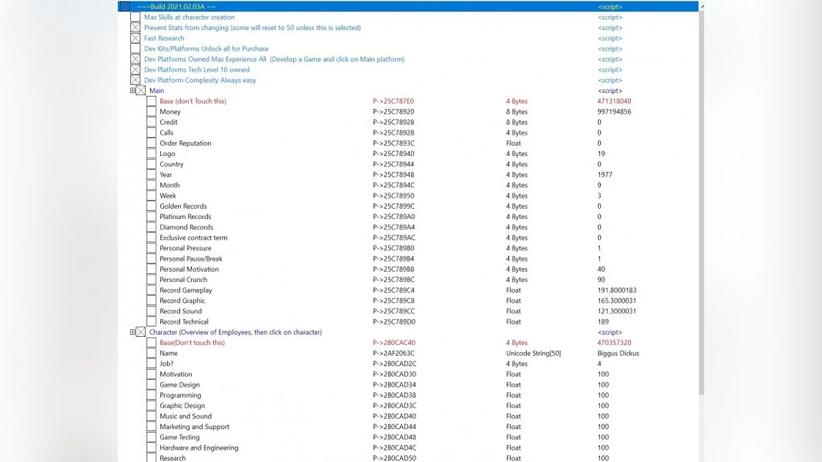 Mad Games Tycoon 2 — Table for Cheat Engine [Build 2021.02.05A]