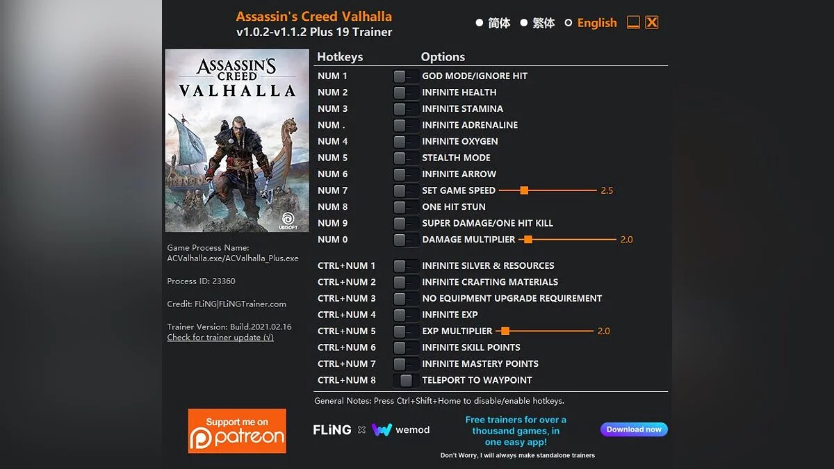 Assassin&#039;s Creed Valhalla — Entrenador (+19) [1.0.2 - 1.1.2]