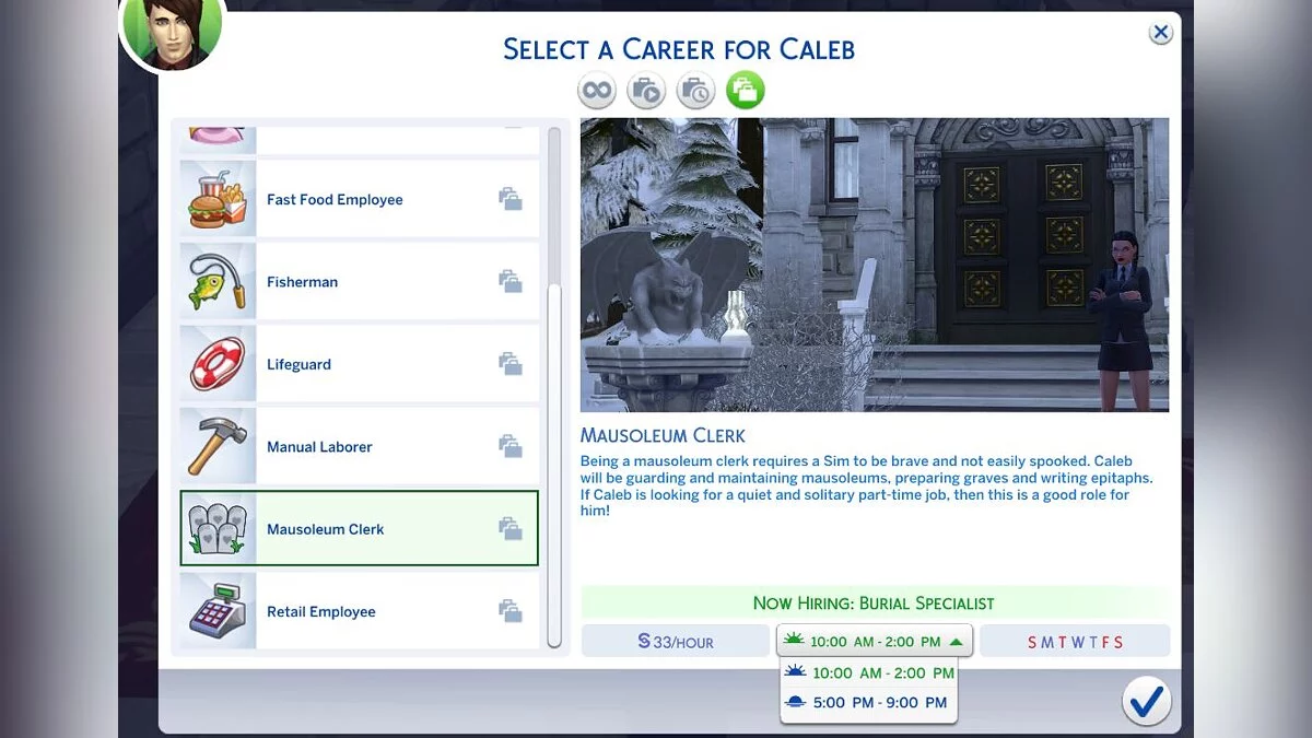 The Sims 4 — Carrera de trabajador del mausoleo con cartas de oportunidad.