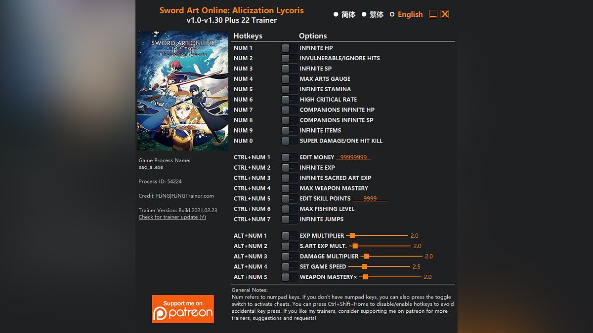 Sword Art Online: Alicization Lycoris — Trainer (+22) [1.0 - 1.30]