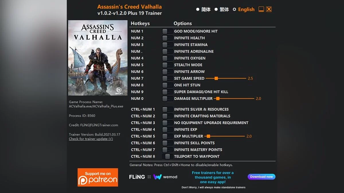 Assassin&#039;s Creed Valhalla — Entrenador (+19) [1.0.2 - 1.2.0]