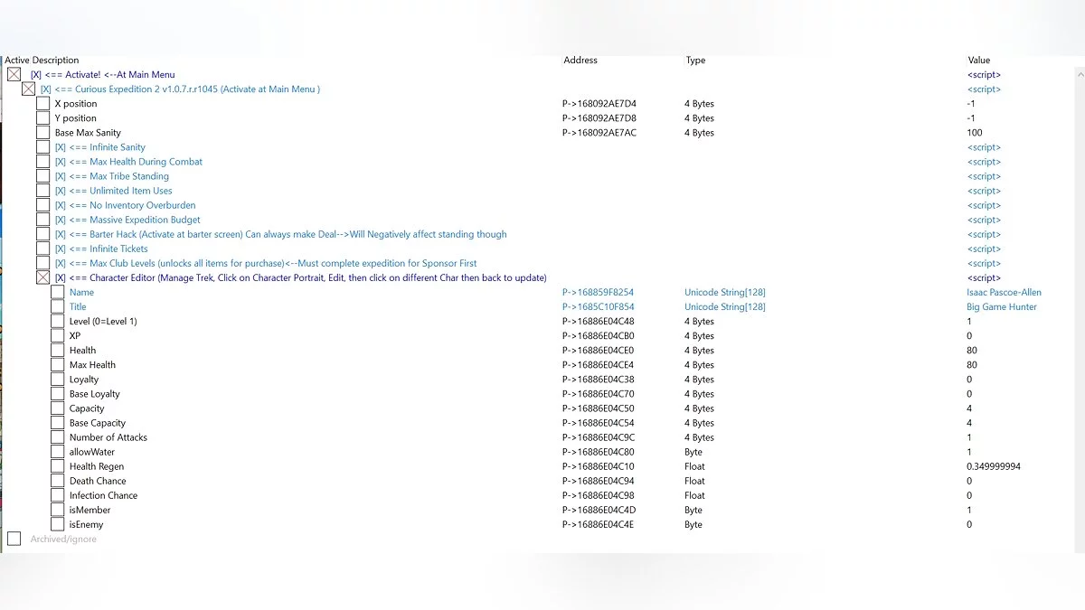 Curious Expedition 2 — Table for Cheat Engine [1.0.7.r.r1045]