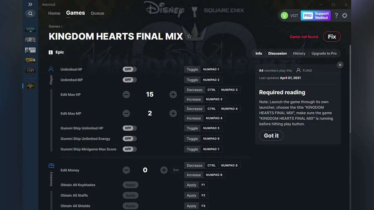 Kingdom Hearts: Final Mix — Entrenador (+22) del 01/04/2021 [WeMod]