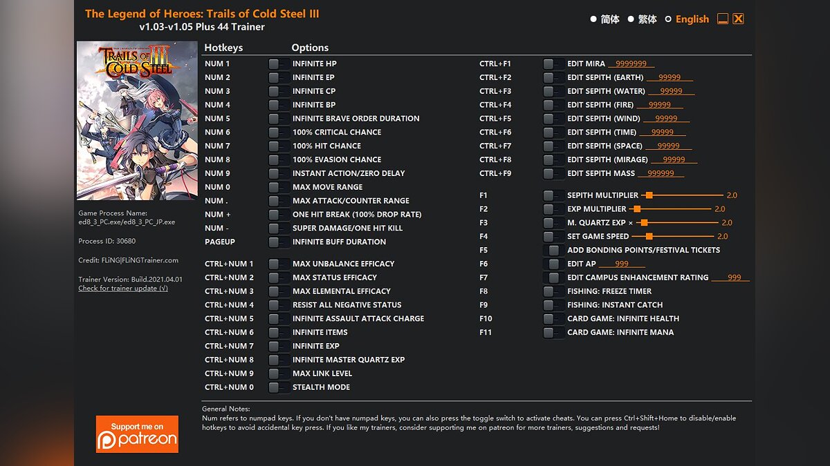 The Legend of Heroes: Trails of Cold Steel 3 — Trainer (+44) [1.03-1.05(Updated)]