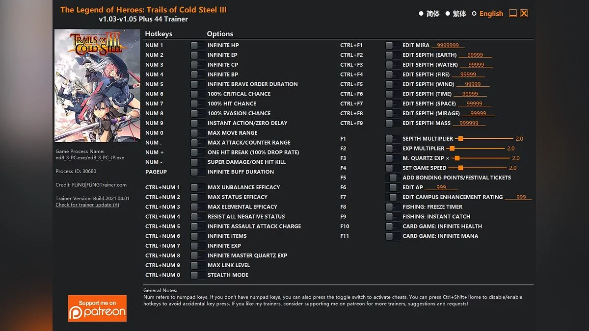 The Legend of Heroes: Trails of Cold Steel 3 — Trener (+44) [1.03-1.05 (posodobljeno)]