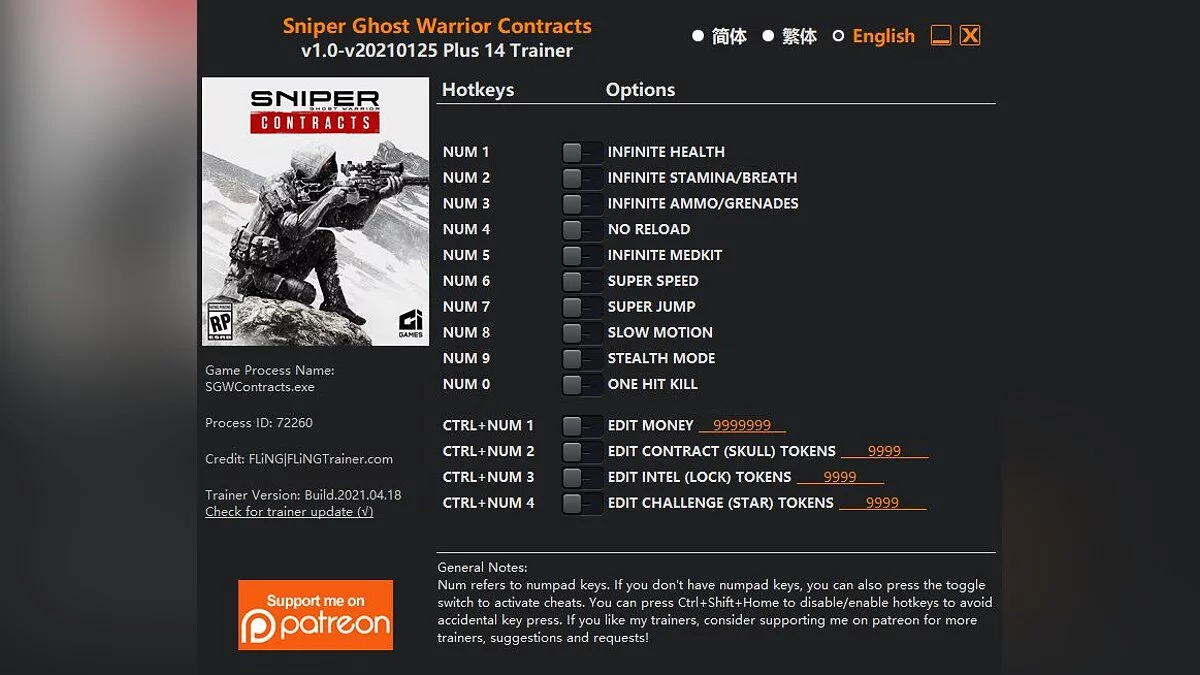 Sniper Ghost Warrior Contracts — Entrenador (+14) [1.0 - ACTUALIZADO: 25/01/2021]