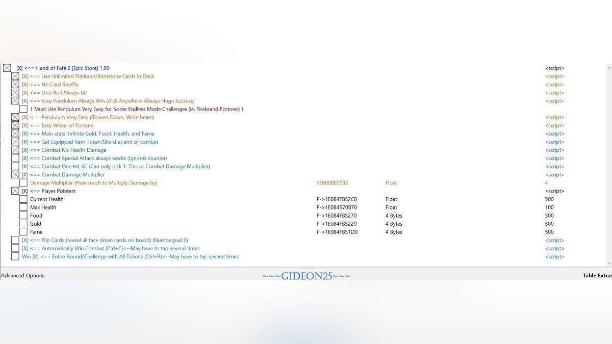 Hand of Fate 2 — Table for Cheat Engine [1.99/1.98]