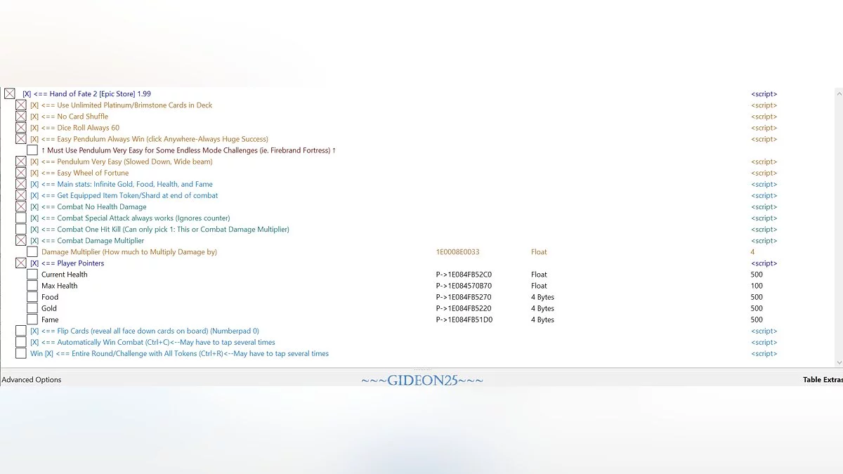 Hand of Fate 2 — Table for Cheat Engine [1.99/1.98]