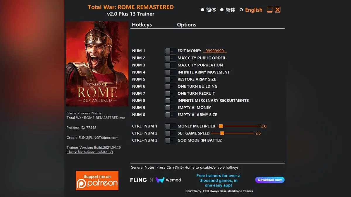 Total War: Rome Remastered — Entrenador (+13) [2.0]