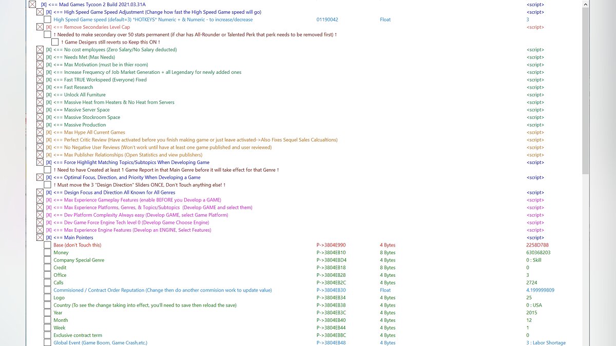 Mad Games Tycoon 2 — Table for Cheat Engine [Build 2021.04.30A]