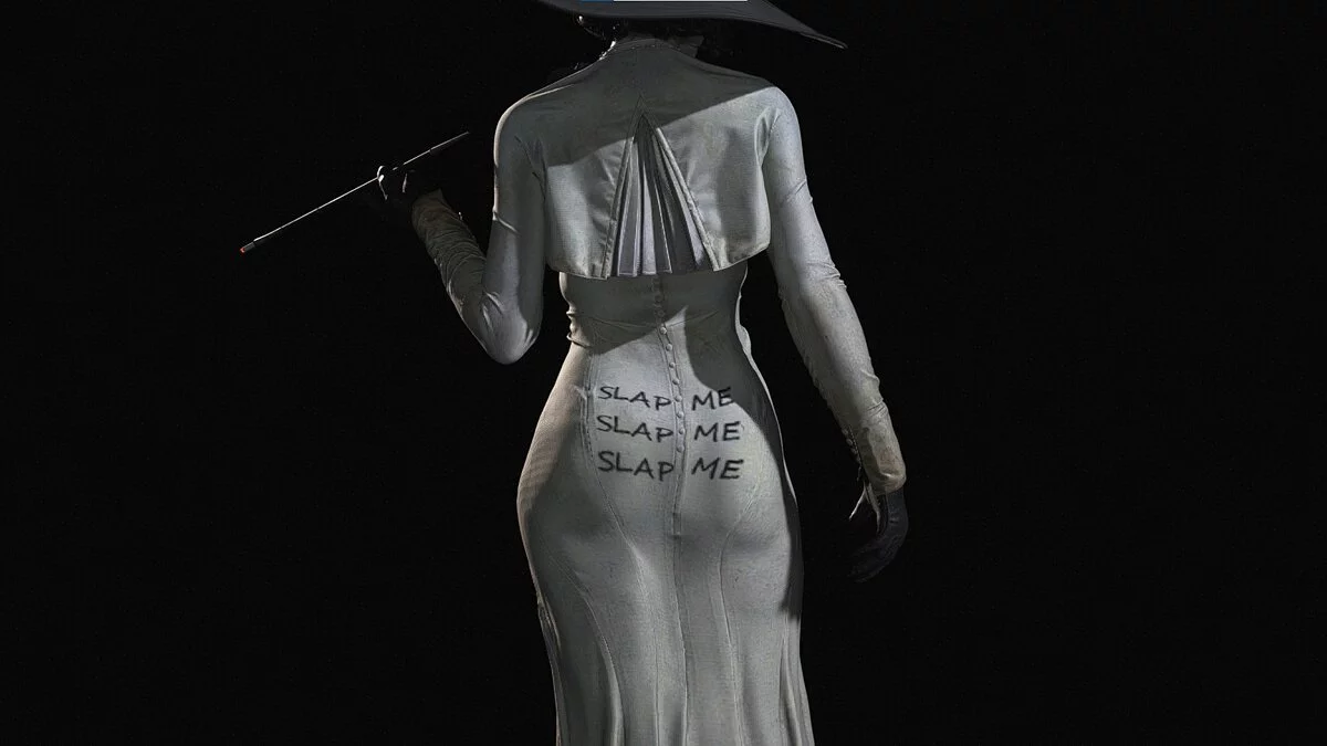 Resident Evil Village — The phrase "Spank me" on Lady Dimitrescu's bottom