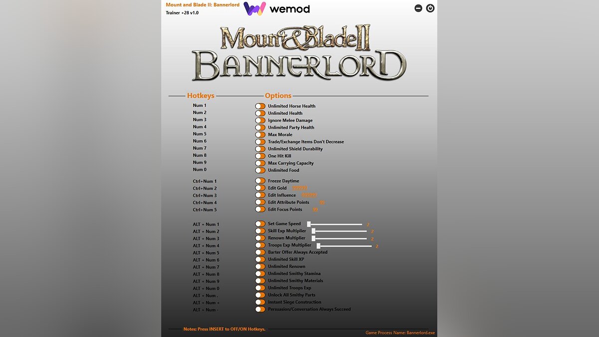 Mount &amp; Blade 2: Bannerlord — Trainer (+28) [1.0] [Game Version: v1.5.10+]