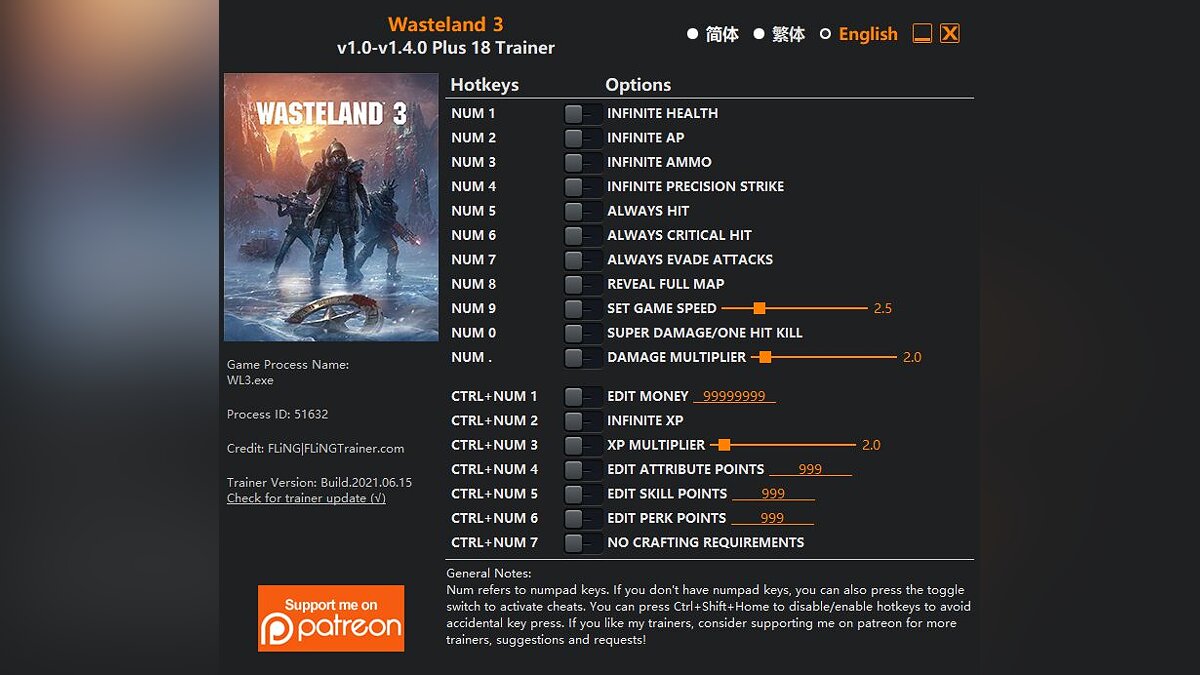 Wasteland 3 — Trainer (+17/+18) [1.0 - 1.4.0]