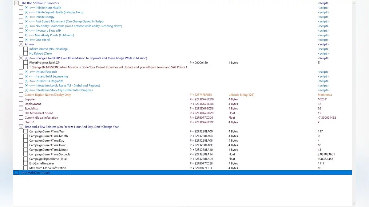 The Red Solstice 2: Survivors — Table for Cheat Engine [UPD: 06/22/2021]