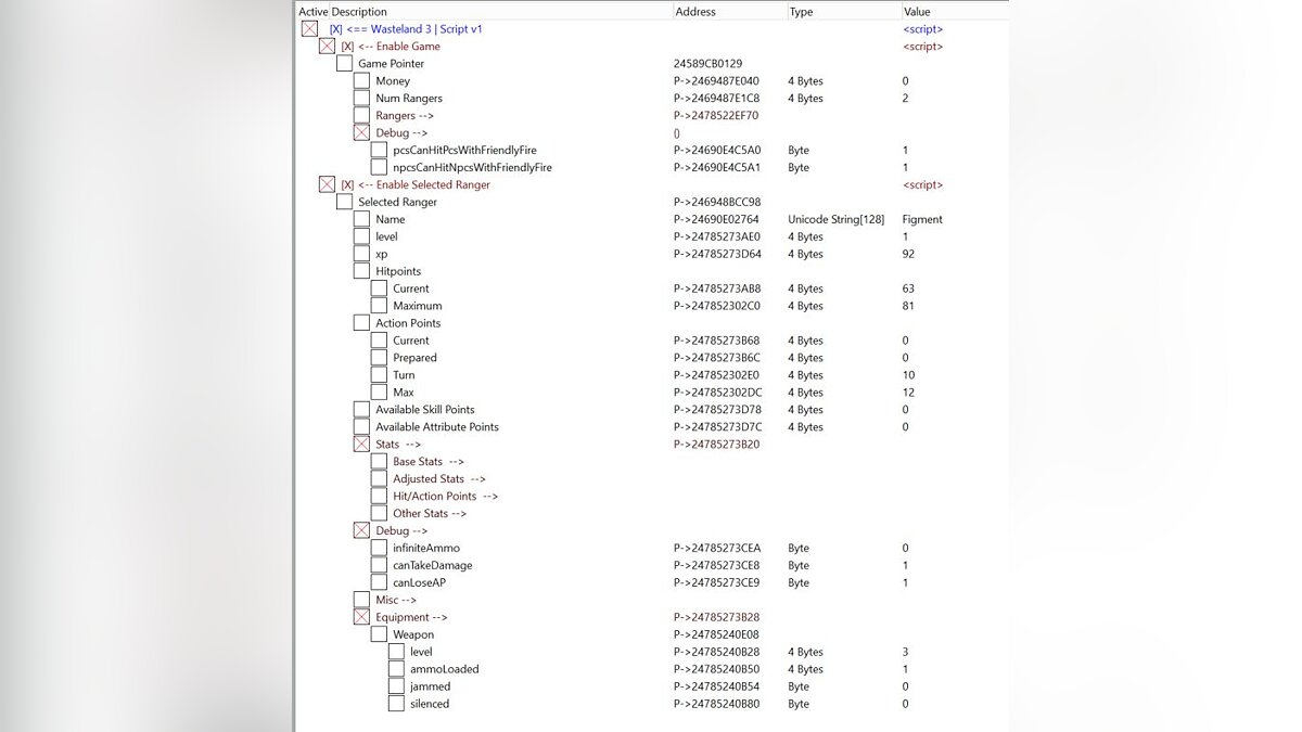 Wasteland 3 — Table for Cheat Engine [1.4.0.285987 - 1.4.1.291245]