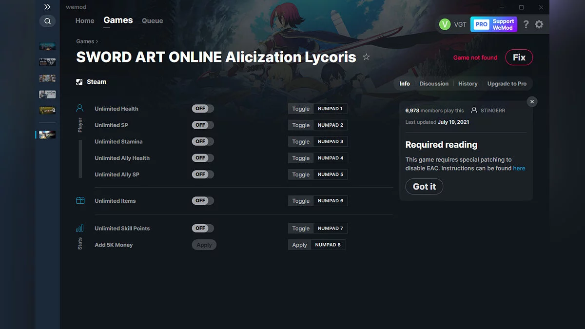 Sword Art Online: Alicization Lycoris — Trainer (+8) from 07/19/2021 [WeMod]