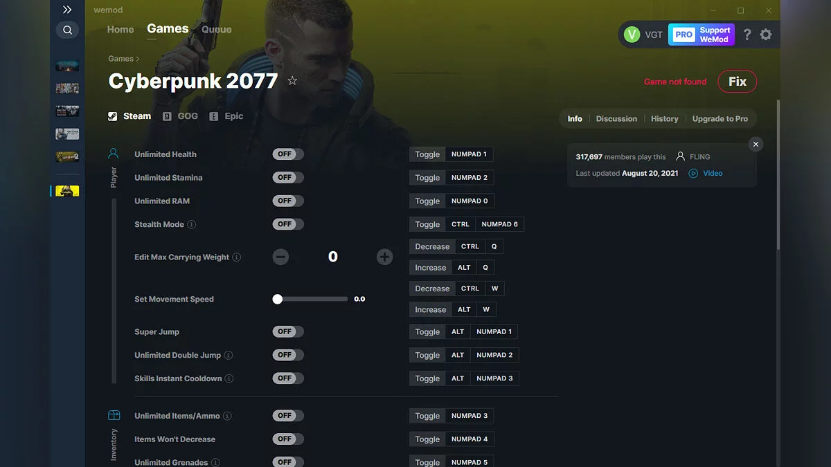 Cyberpunk 2077 — Entrenador (+32) del 20/08/2021 [WeMod]