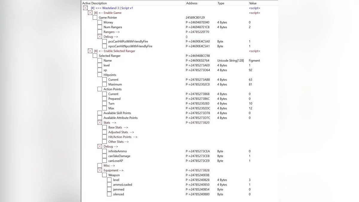 Wasteland 3 — Tabelle für Cheat Engine [1.4.0.285987 - 1.5.0.302092]