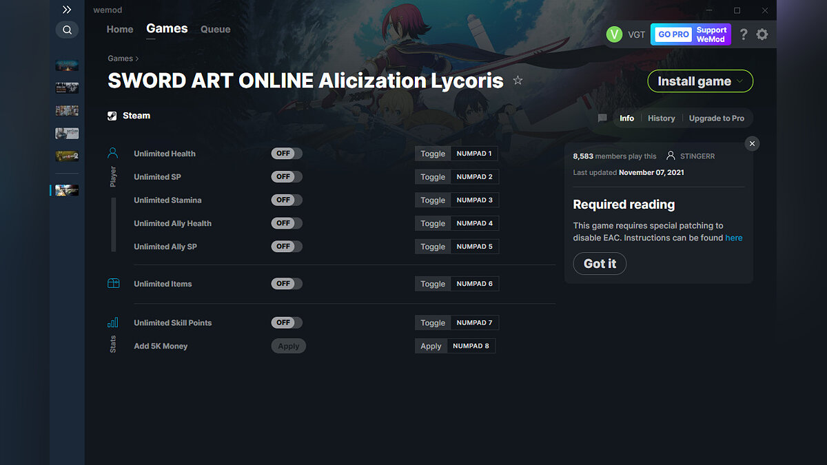 Sword Art Online: Alicization Lycoris — Trainer (+8) from 07.11.2021 [WeMod]