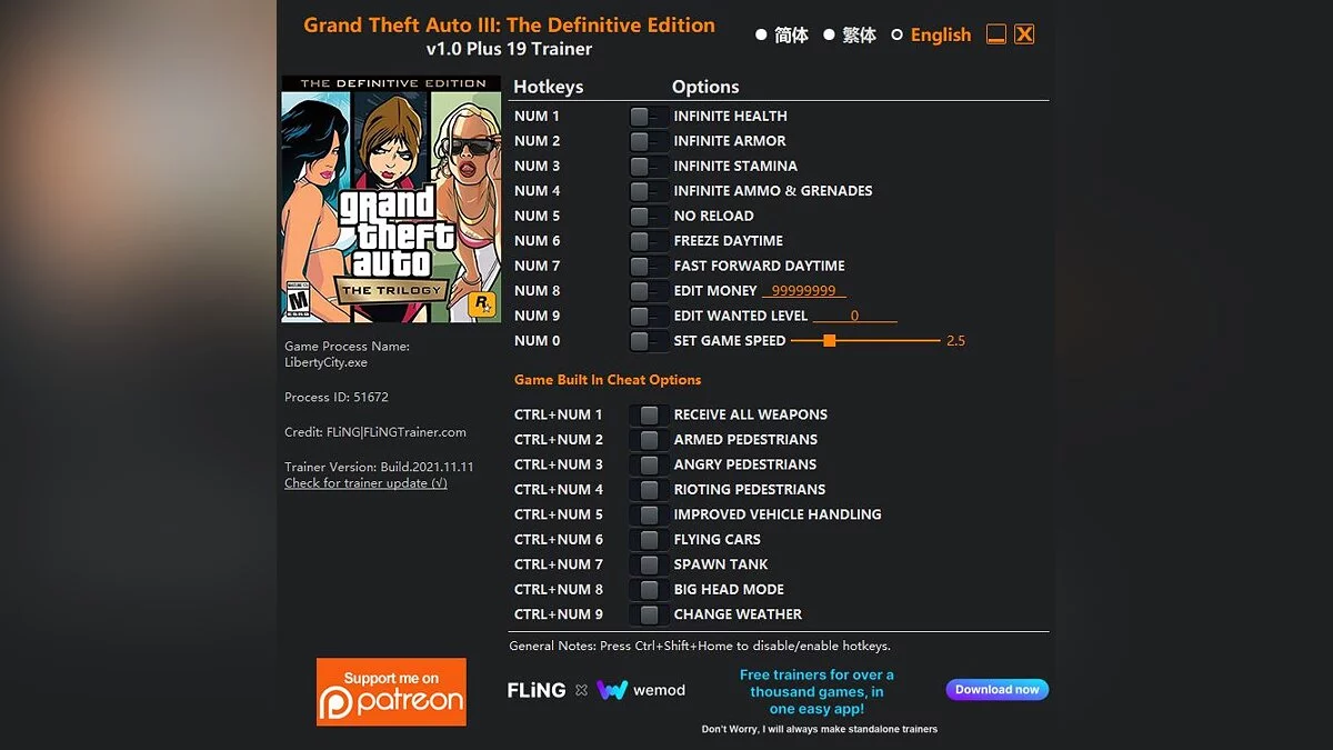 GTA: The Trilogy – The Definitive Edition — Trainer (+19) [1.0] [Grand Theft Auto III: The Definitive Edition]