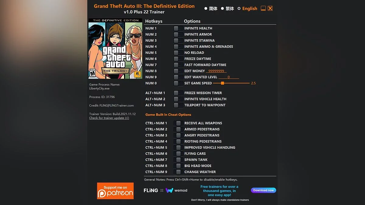 GTA: The Trilogy – The Definitive Edition — Entrenador (+19/+22) [1.0] [Grand Theft Auto III - La edición definitiva]