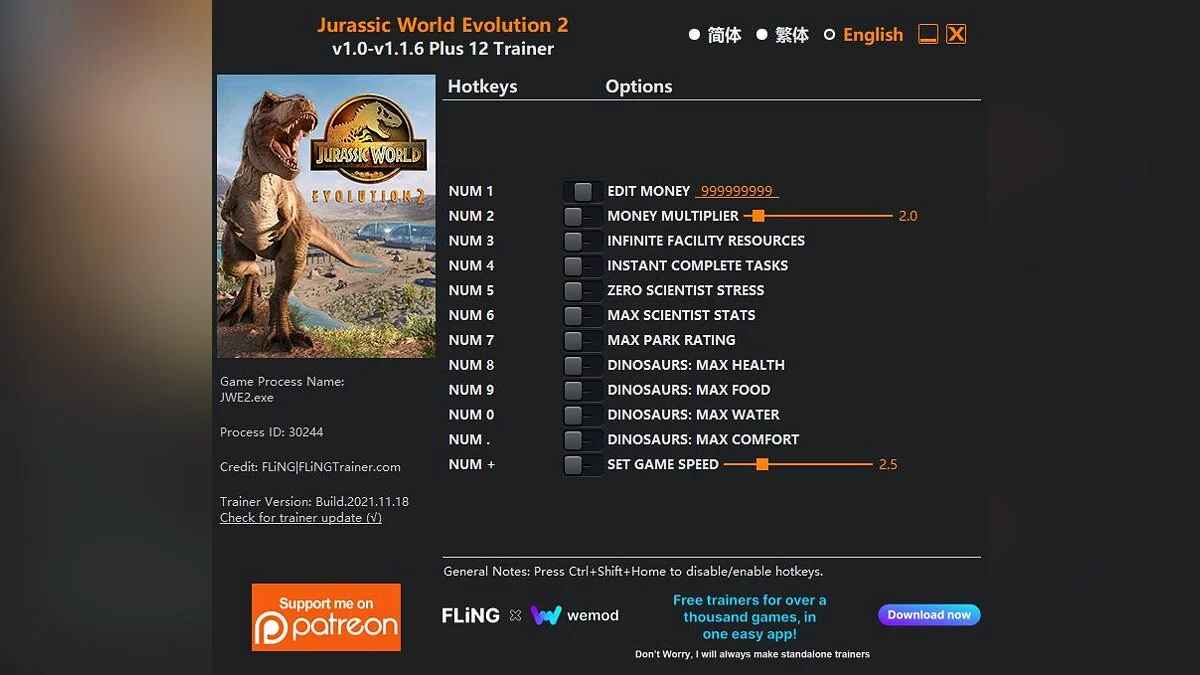 Jurassic World Evolution 2 — Trainer (+12) [1.0 - 1.1.6]