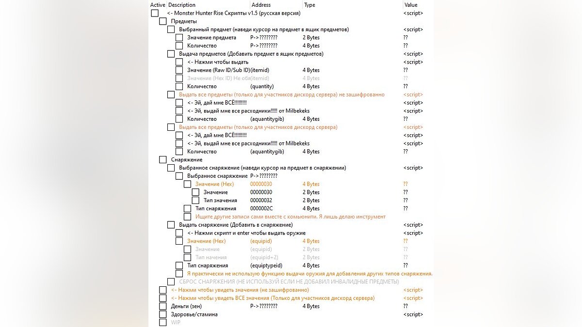 Monster Hunter Rise — Table for Cheat Engine [UPD: 01/30/2022]