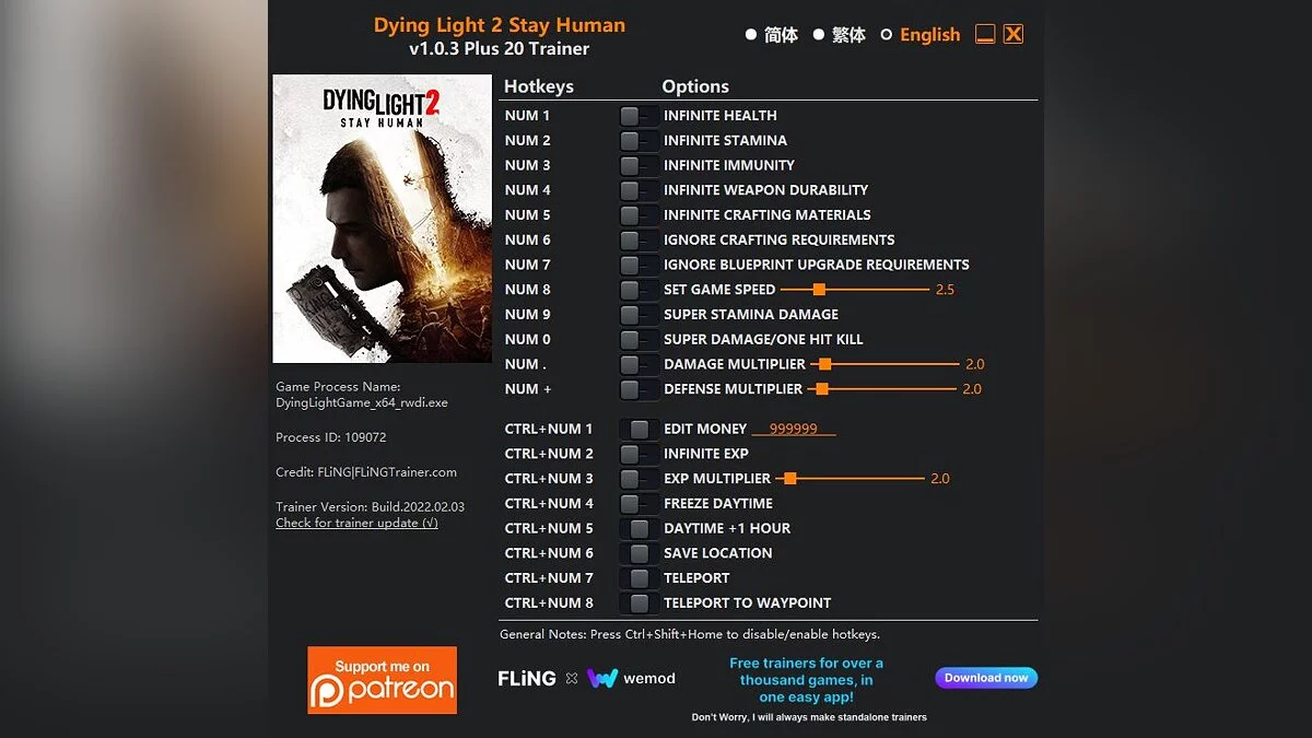 Dying Light 2 Stay Human — Entrenador (+20) [1.0.3]